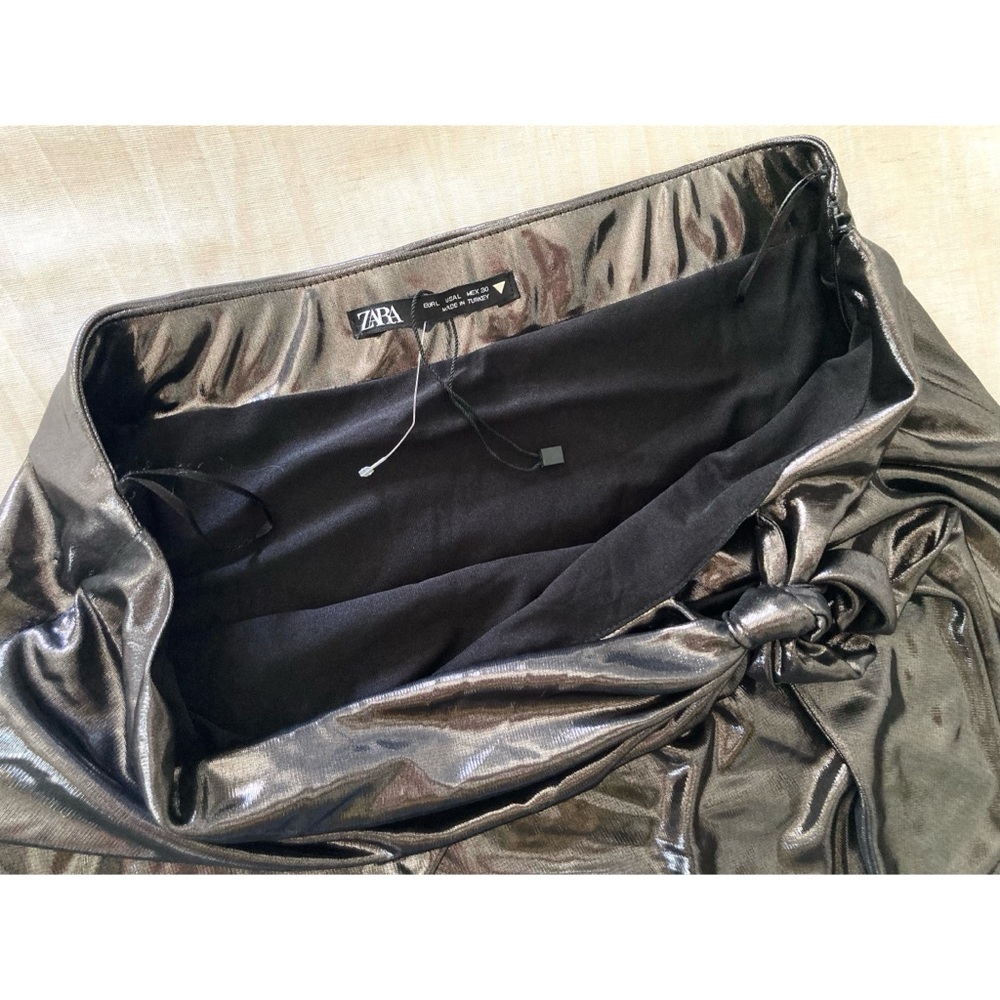 RELISTED NWOT Zara Metallic Gunmetal Wrap Style Tie Waist Mini Skirt - Picture 6 of 15